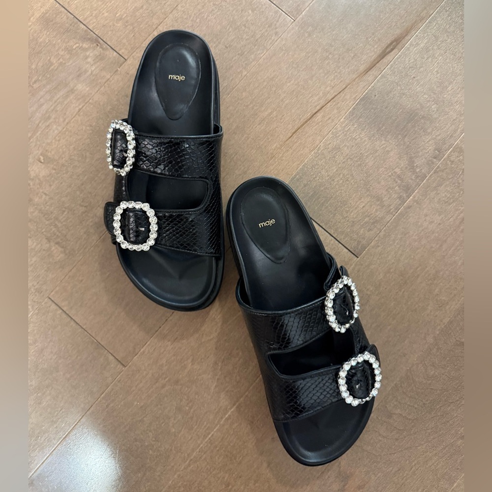 Maje Paris Black Slide Sandals with Rhinestone Buckles NWOB- FR 40- US 9.5/10 - Picture 6 of 12